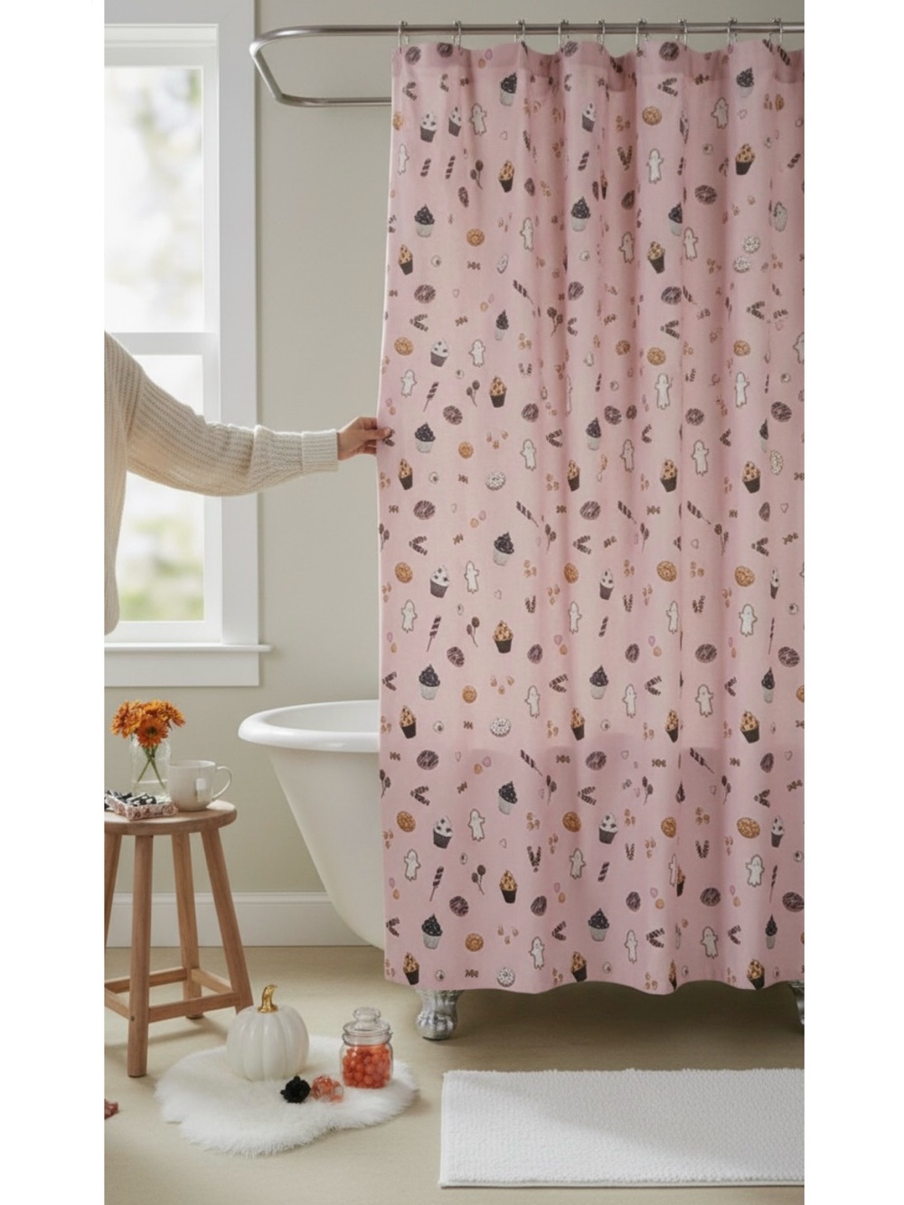 NWT Isaac Mizrahi New York Fun Candy Fall Halloween Pink Shower Curtain 72x72in